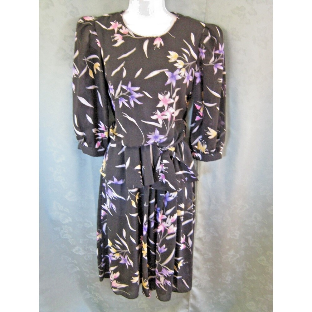 VTG 90s Charlee Allison Dress Size 7 / 8 Black & Multi Floral Sheer Peplum Waist